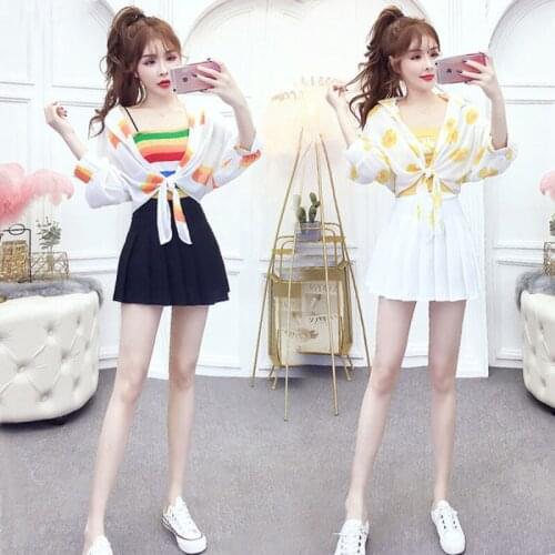 2021 Women Spring Summer Elegant Set Lady Print Long Sleeve Shirt + Vest + Pleated Skirt 3 Pcs Set Female Casual Loose Suit H767