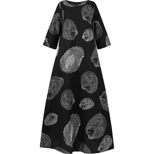 3/4 Sleeve New Boho Style Large Size Printing Casual Dress Women O Neck Large Hem Elegant Maxi Dress Streetwear