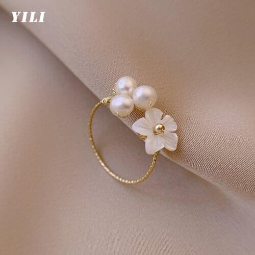 2021 Korean Exquisite Freshwater Pearl Open Ring Fashion Shell Flower Opening Ring for Women Girl Temperament Versatile Jewelry