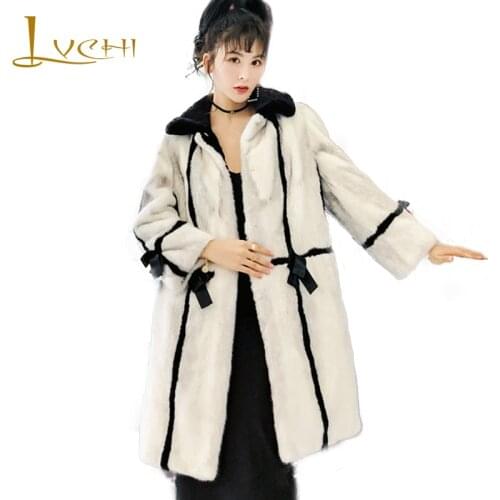 LVCHI 2019 Winter Swan Velvet Mink Fur Coat Full Sleeve Real Fur Coats Women Thicken Soft Long Silver crossbow Mink Fur Coats