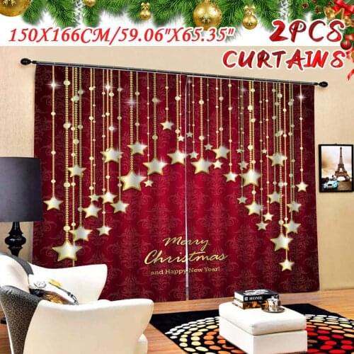 2pcs Christmas New Year Decorations Curtains For Living Room Bedroom Decor Christmas Gold Stars Red Window Curtain Home Decor
