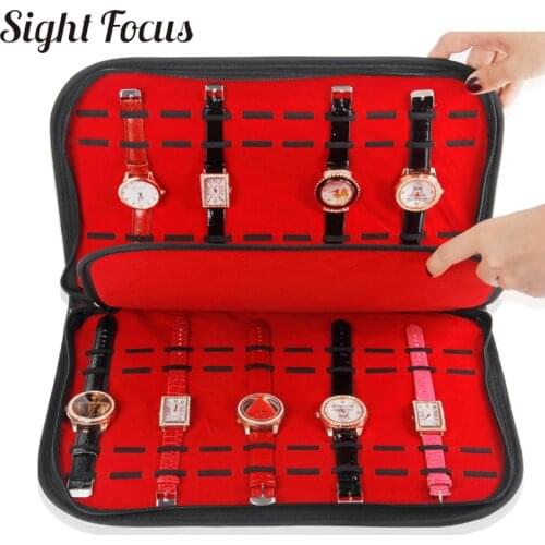 20 Slots/Grids Watch Bands Collector Organizer Watch Straps Case Black Pu Watch Storage Box with Zipper Wristwatch Display Tray