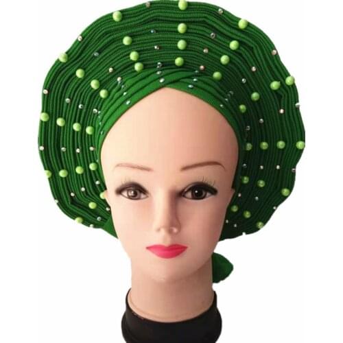 African Gele Auto Aso Oke Headties With Beads And Stones Green Nigerian Gele Ready to Wear
