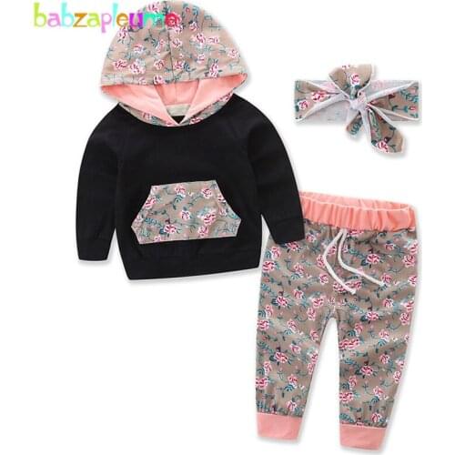 Babzapleume 3PCS/3-24Months/spring autumn newborn baby girls clothes sport suit hooded t-shirt+pants infant clothing sets BC1543