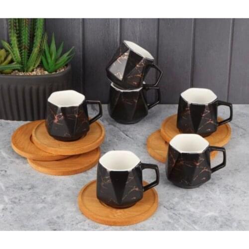 Black Marble Patterned Prism Porcelain Bamboo Plate Coffee Cup Set