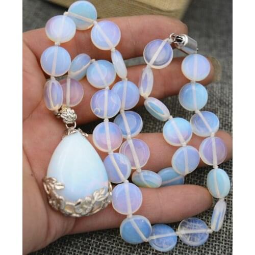 Hot Stunning 12mm coin White Moonstone & Opal Pendant Necklace 18 "