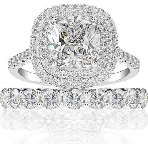 Classical Luxury Jewelry Couple Rings 2pcs 925 Sterling Silver Cushion Shape White 5A Cubic Zircon Women Wedding Bridal Ring Set