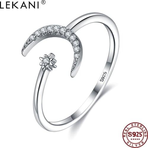 LEKANI Authentic Sterling Silver 925 Jewelry Wedding Rings For Women Shining Star & Moon Open Adjustable Finger Ring Luxury Gift