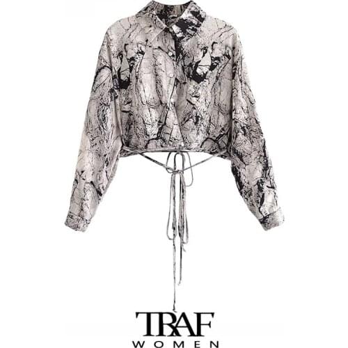 TRAF Za Women Fashion With Tie Printed Backless Crop Blouses Vintage Long Sleeve Button-up Female Shirts Chic Tops