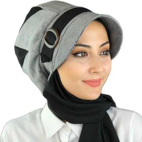 Islamic Fashion Muslim Women Hijab 2021 Trend Single Size Bathing Cap Beret Ready Shawl Scarf Buckle Hat Black Pattern Hijab Women hat