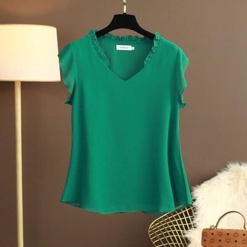 MOYISU Brand Womens Blouse 2021 New Summer Short Sleeve Solid Color Chiffon Blouse V-Neck Casual Blouse Plus Size Female Tops