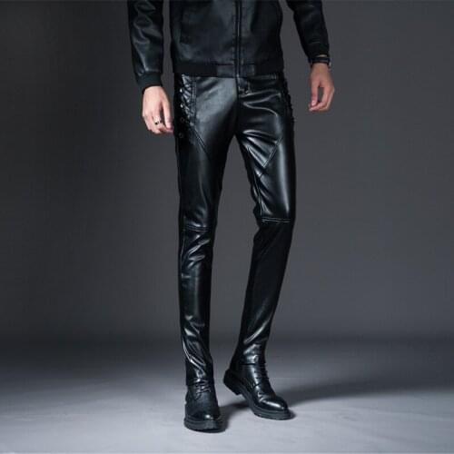 2021 Mens Fall Season Trend Slim Fit Leather Pants Teenagers Locomotive Stitching Casual PU Pants