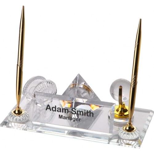 Crystal Glass Desk Name Plate and Pen Desk Stand Set - Personalized Name Plate, Crystal Clock, Custom Engraved Awards, Teachers