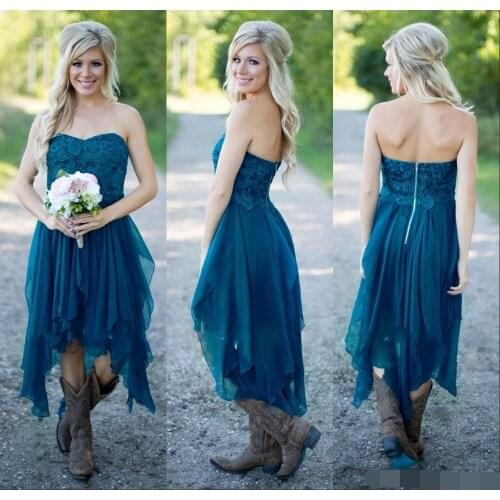 Bridesmaid Dresses 2019 Cheap Wedding party Teal Chiffon Beach Lace High Low Ruffles Party Maid Honor Gown vestido madrinha