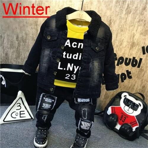 New Arrival Winter Warm Jackets Childrens Plush denim jacket+sweater+jeans 3pcs Suit Boys Clothing Sets Toddler Tracksuit Sets