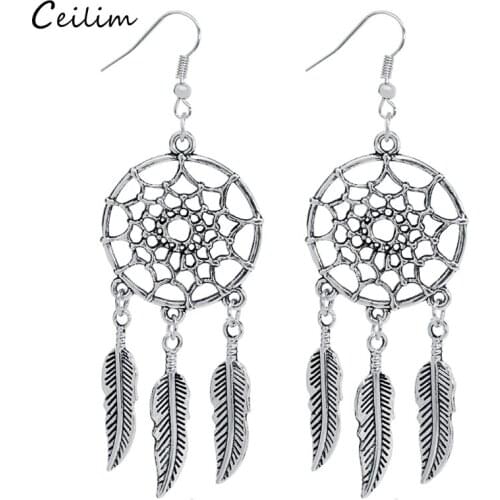 New Bohemian Dream Catcher Earrings for Womem Fashion Silver Color Feather Tassel Dangle Earring Vintage Jewelry