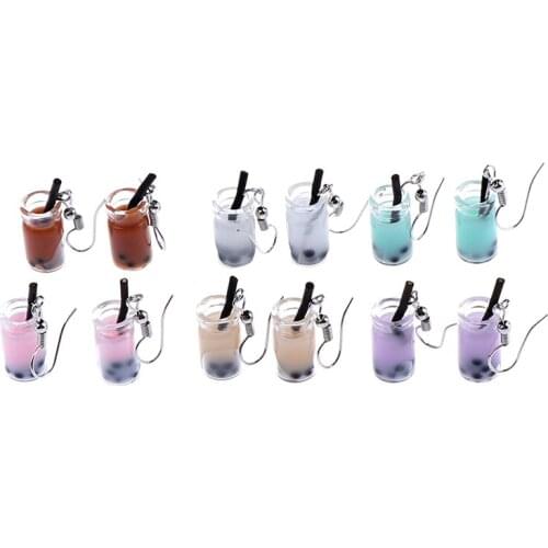 Charm Bottle Resin Drop Earrings Fashion Jewelry Fruit Juice Cup Drop Earrings Pearl Tea Cute Summer Style Dangle Earrings