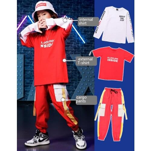 Pally elves Spring Summer Unisex Pocket Loose Fashion pants Black T-shirt Kids Dance Set Hiphop Stlye Streetwear Free nacklace