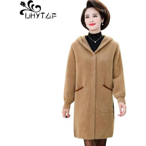 UHYTGF Coat female quality mink fleece autumn winter wool jacket woman double-sided cashmere casual 6XL plus size outerwear 1045