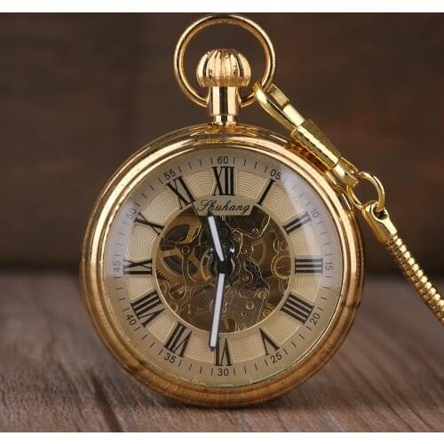 Luxury Gold Elegant Carving Open Face Pocket Watch Chain Women Men Mechanical Hand Winding Roman Numbers Gift Fob Clock