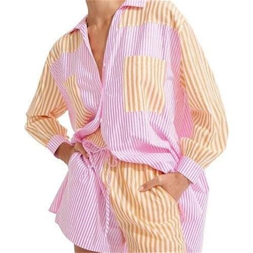 TRAF Women 2021 Fashion and Patchwork Striped Shorts Retro Drawstring Elastic Waist Side Pocket Womens Shorts Streetwear