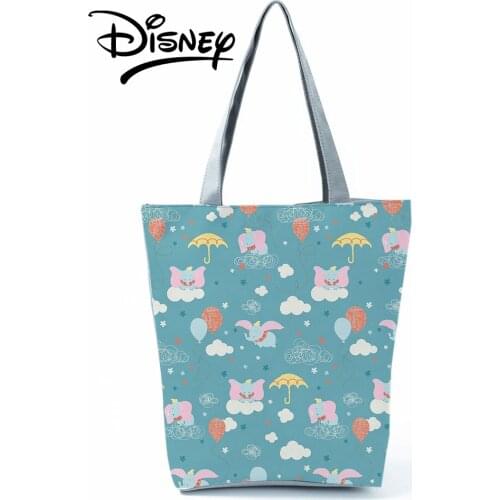 Disney Dumbo Printed Handbags Cute Cartoon Elephant High Capacity Tote Shoulder Bag Shopping Bag Blue Women Travel Beach Bag