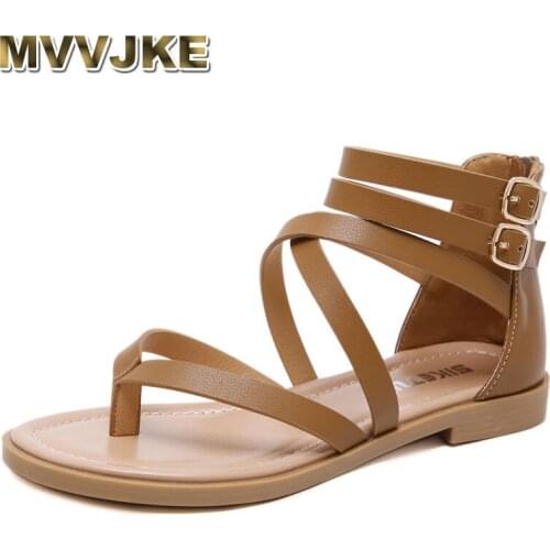 MVVJKENew Womens Sandals 2021European And American Summer Sandals Large Size Fashion Zipper Strap Solid Color Flat Roman Sandal