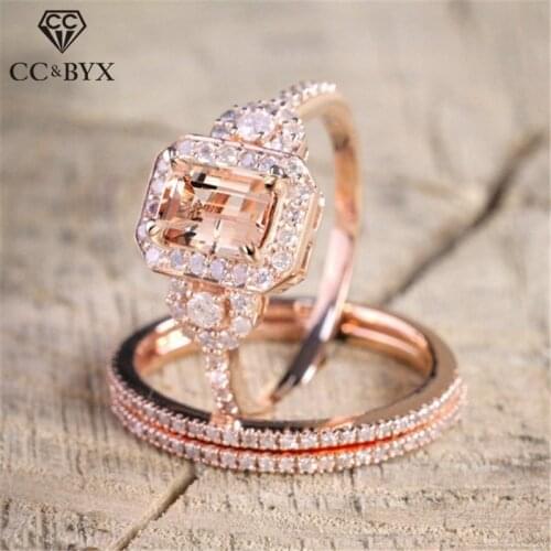 CC Rings Women Vintage Jewelry Rose Gold Color Sets Ring Rectangle Cubic Zirconia Bridal Wedding Engagement Anillos Mujer CC2393