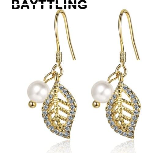 BAYTTLING Fine 925 Sterling Silver Luxury Golden Leaf Zircon Pearl Pendant Earrings For Women Fashion Wedding Jewelry Gifts