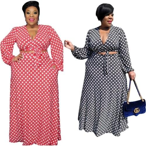 Elegant Plus Size 5XL 2 Piece Skirt Sets Women Black White Polka Dot Print Vintage Long Sleeve Crop Top High Waist Maxi Skirt