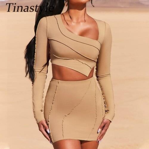 Tinastyle White Striped Casual Outfits Women Two Piece Set Crop Tops And Bodycon Skirts Suit Female Streetwear Slim Matching Set