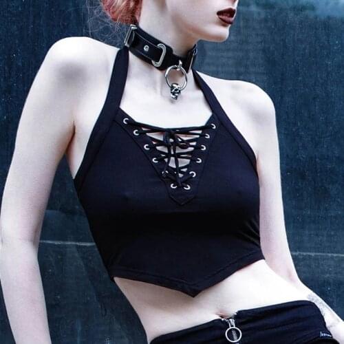 Sexy E-Girl Camisetas Halter Neck Lace Up Backless Crop Top Women Punk Asymmetrical Sleeveless Cropped V neck Black T shirt