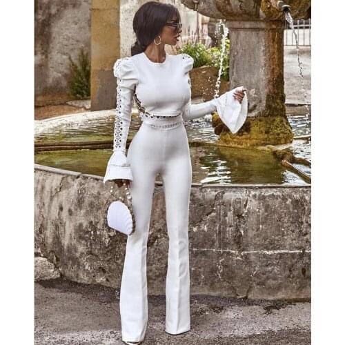 Women Winter Style Sexy Long Sleeve Flare Black White Two Pieces Bandage Set 2021 Celebrity Designer Fashion Party Womens Set