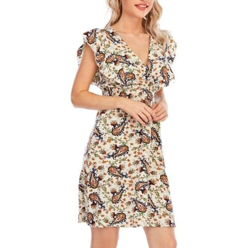 2021 Women Boho Elegant Dress Ruffle Printed Summer Waist Tight Robe Sleeveless Breathable V Neck Midi Dresses