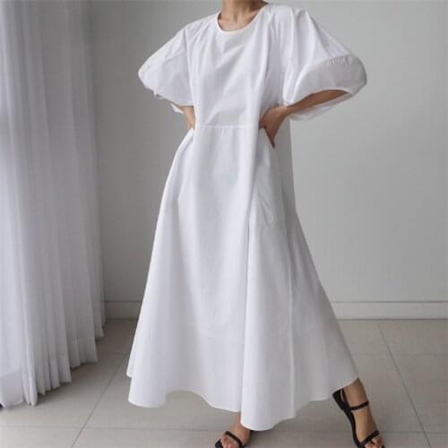 Johnature Korean Loose Women Dresses 2021 Summer New Solid Color O-neck Lantern Sleeve Pockets Female Dress