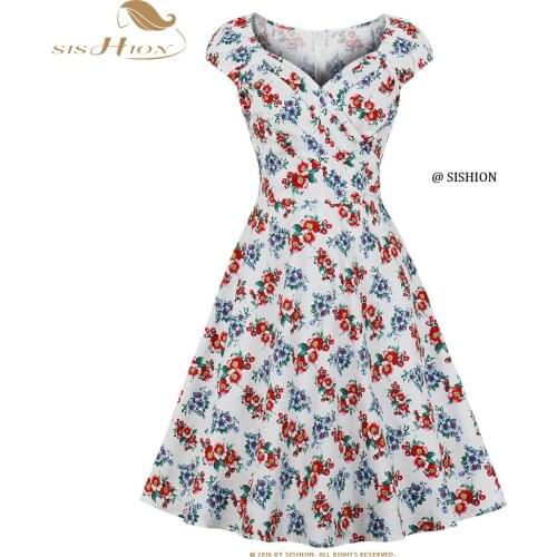 SISHION Summer Women Cotton Floral Dress VD2090 Square Neck 50s Vintage Dress White Robe Femme Clothing