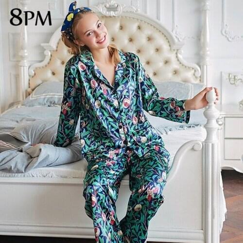100%Silk Satin Pajamas Womens Spring Summer Long Sleeve Top Pants Soft Sexy Homewear Ice Silk Floral Pijama Nightshirt ouc313