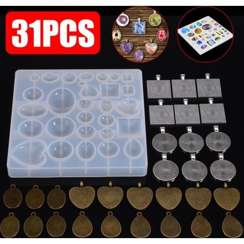 31pcs/set Alloy Pendant Base Tray Silicone Mold Antique DIY Jewelry Crystal Pendant Necklace Resin Molds Making Craft Kit