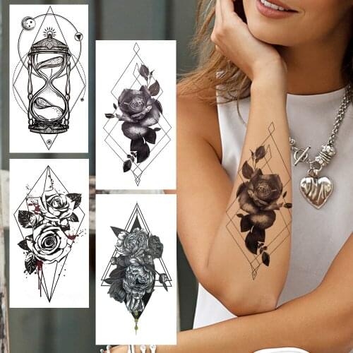 Diamond Flower Fake Temporary Tattoo For Women Adult Black Rose Peony Tattoos Sticker Geometric Tatoo Paper Hourglass Arm Beauty
