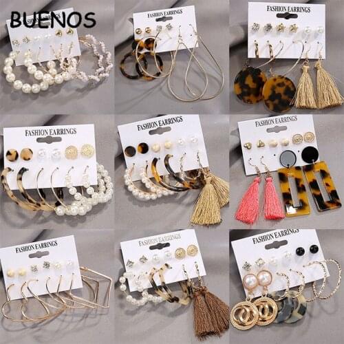 BUENOS Fashion Jewelry 2020 Womens Earrings Set Tassel Pearl Earrings For Women Bohemian Geometric kolczyki Hoop Earings