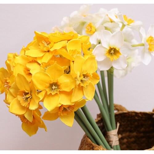 6Pcs/Bouquet Artificial Flower Daffodil Artificial Narcissus Flower Bouquet Home Decoration Fake Desktop Flower Wedding Daffodil