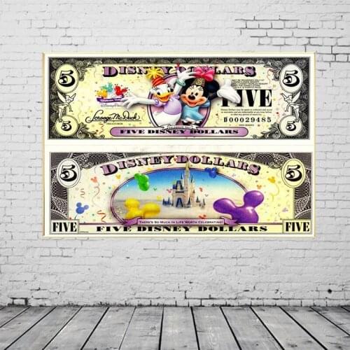 Disney Mickey and Minnie Cartoon Canvas Painting Money Press 5 Dollar Bill Prints Posters Wall Art for Kids Room Decor Cuadros