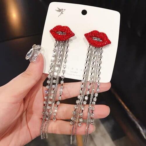 Long Tassel Crystal Drop Earring for Women Red Mouth Rhinestone Dangle Earrings Wedding Party Jewelry Gifts