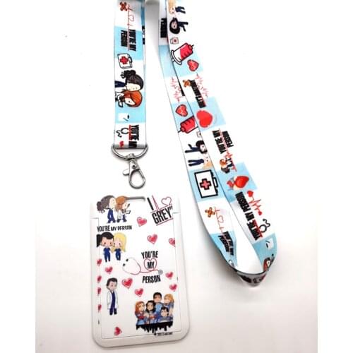 Hot Sale! 1 set Greys Anatomy Doctors nurse Lanyard Neck Strap Card Bus ID Holders With Key Chain