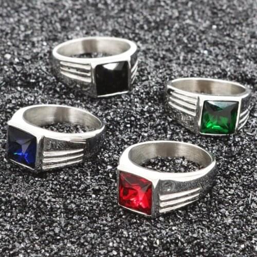 Square New Ring Men Women Stainless Steel Vintage Green Blue Stone Rings Mens Jewelry Cubic Zirconia Ring Wedding Bands For Man