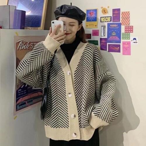 Single Breasted V Neck Ladies Button Black Stripe Fashion Street Cardigan Sweater Knitted Female Loose Top Parker Jacket Coat