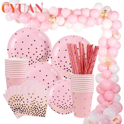 CYUAN Pink Gold Dot Baby Girl Party Disposable Tableware Cup Plate Napkin 1st Birthday Decor Kids Baby Shower Party Supplies