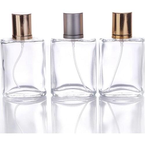 Wholesale 30ml Transparent Square Gold and Gray Aluminum Cap Glass Perfume Spray Bottle
