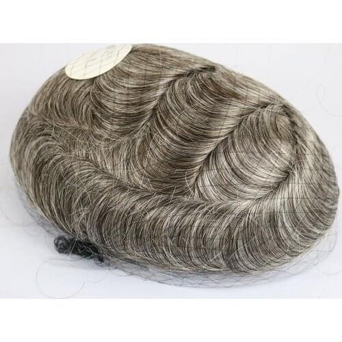 Super Thin Skin Base Bleached Knots Wig For Men Hair Brown Color With Grey Hair Color Inside V loop 8x10 Inches Men Hair Wigs