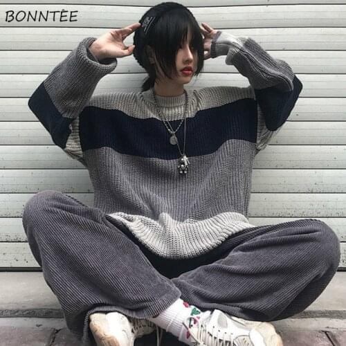 Pullovers Women Striped O-neck Thicken Casual Knitted Oversize Retro Korean Style Lazy Sweater Chic Fashion Daily Streetwear Ins